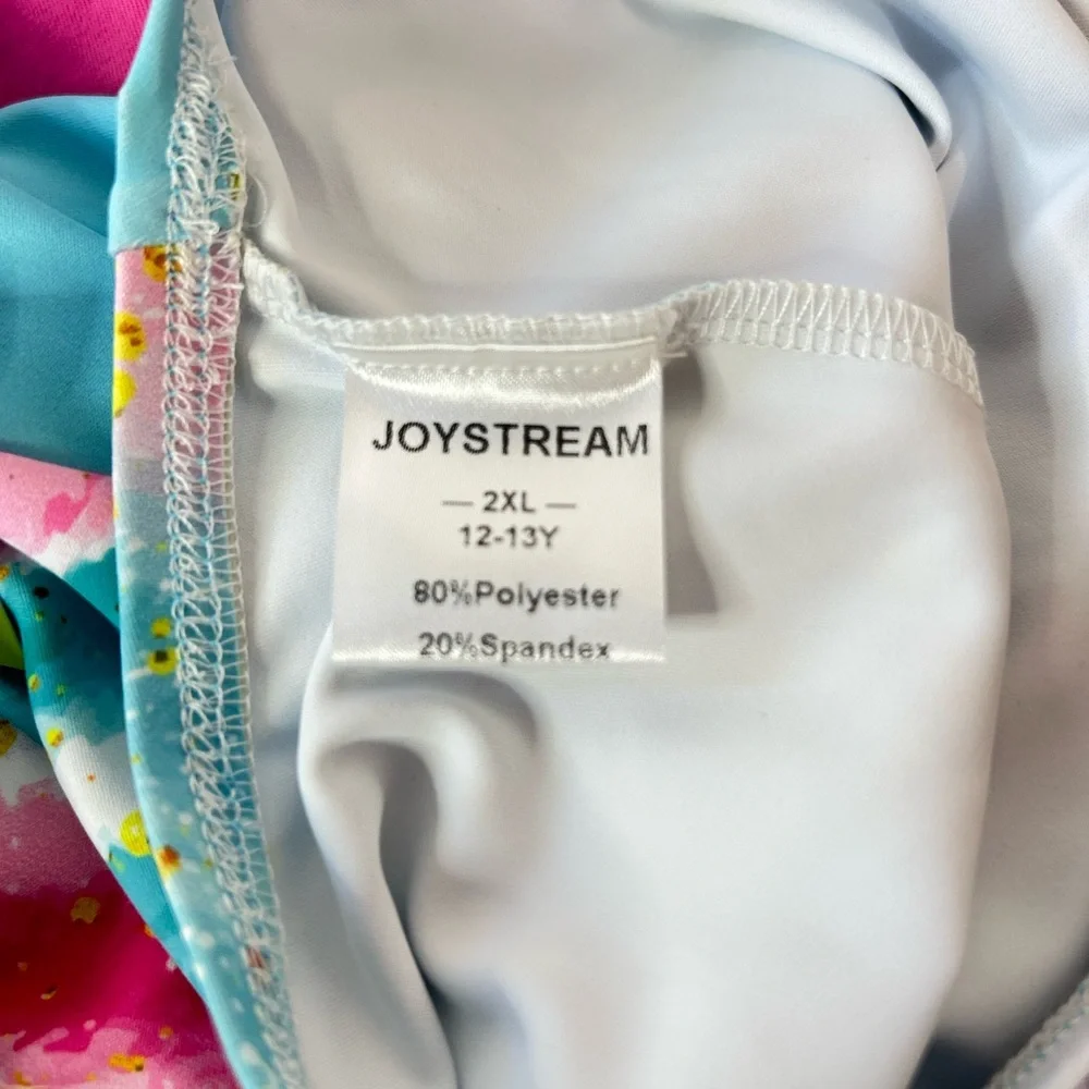 Leotard Girls 2XL (12-13Y) Sleeveless Joystream Pink Blue Gold w/scrunchie